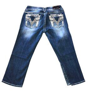 VIGOSS LOW RISE CAPRIS JEANS SZ 29 X 21 BLUE EMBROIDERED THE DUBLIN BLING WOMENS